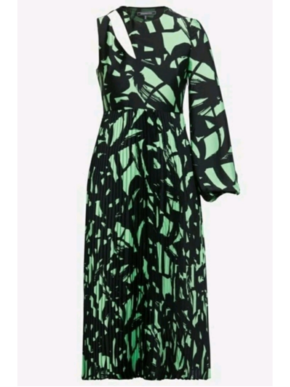 BCBGMAXAZRIA Cosimo One Sleeve Pleated Maxi Dress Peapod Black Multi NWT Size M